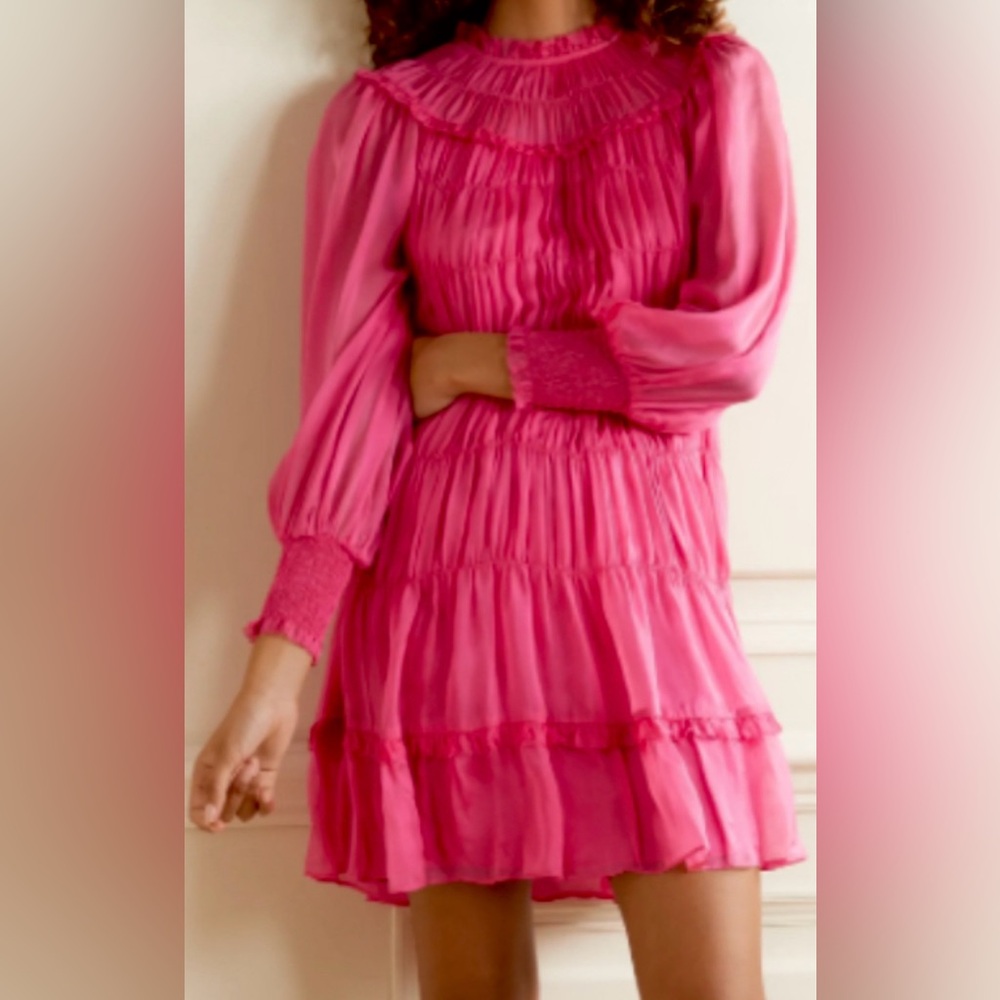 Ulla Johnson Emmeline Mini Dress all Silk Tiered Ruffled Bib in hot pink Size 0